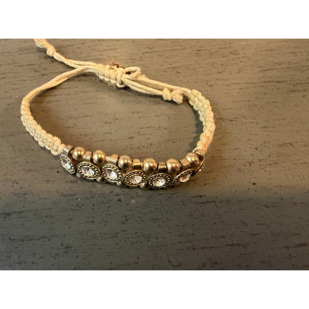 Boho Macrame Friendship Bracelet Gold Tone Crystal Inset Adjustable Cream Cord